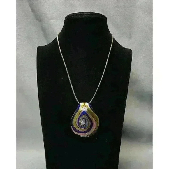 Unbranded Jewelry - Dichroic Glass Art Glass Pendant Brown Leather Cord Necklace 925 Sterling Clasp